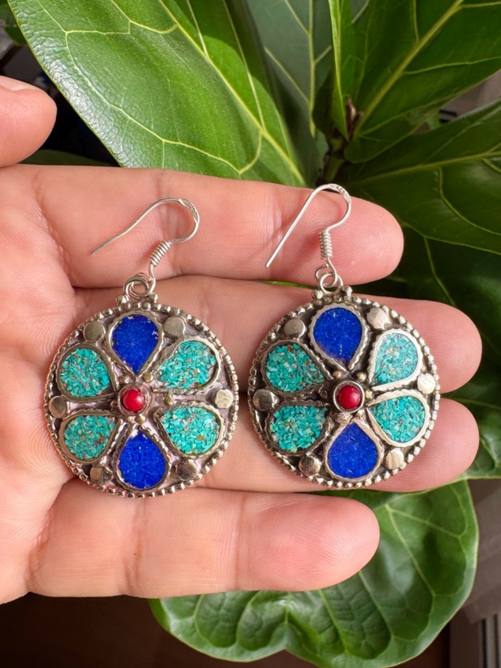 Vintage Ethnic Tribal Floral Dangle Earrings Inlay Stones Set In Silver 2”in,18g